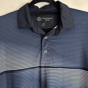 Mercedes-Benz‎ Polo Shirt Mens Medium Blue Striped Collar Embroidered USA